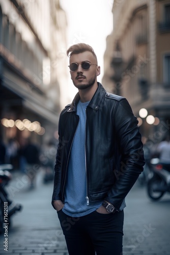 Handsome young man in sunglasses and a leather jacket is standing on the street.