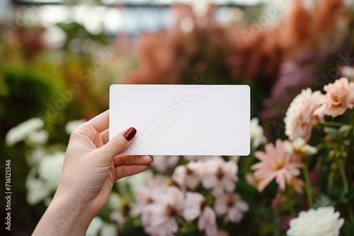 Hands with a plain card, diverse flowers and greenery in the backdrop.