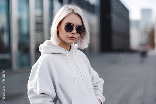 Portrait of a beautiful young woman in a white sweatshirt and sunglasses © Ai