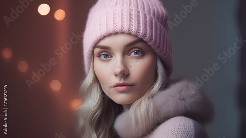 Winter fashion. Portrait of beautiful young woman in pink hat and fur coat.