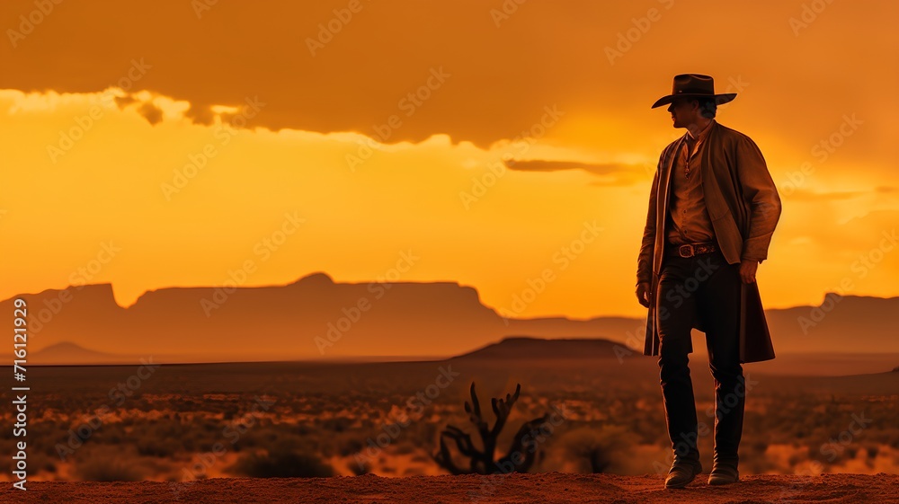 Cowboy in the desert at sunset, USA. 3d rendering