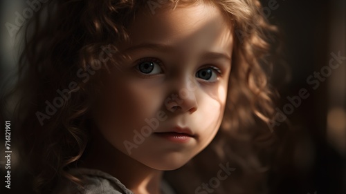 Portrait of a beautiful little girl with curly hair in a light room