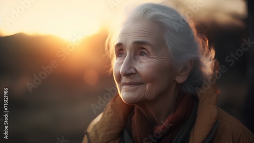 Portrait of an elderly woman at sunset in the autumn park.