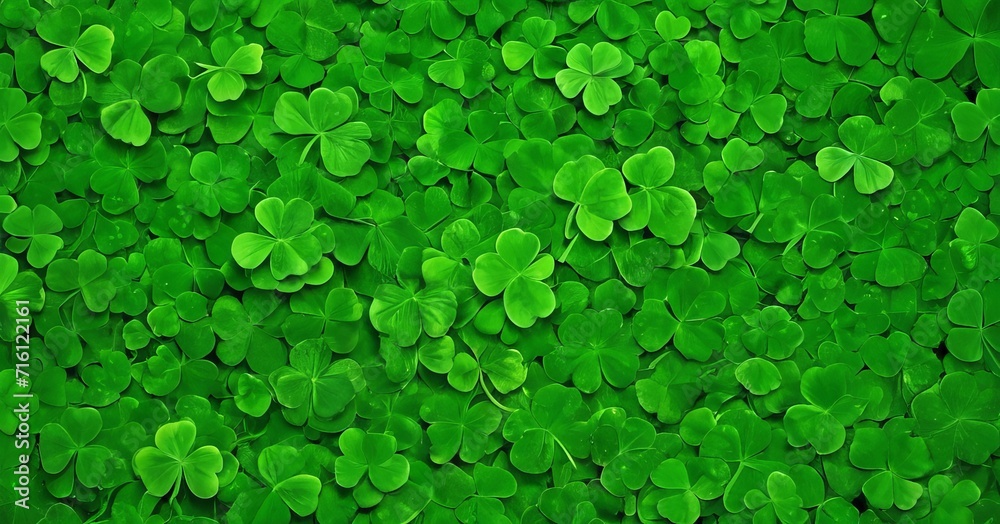 Green shamrock background. Top view with copy space. For design, flyer, postcard. The concept of St. Patrick's Day is associated with either Irish culture or the myths of leprechauns. Green shamrock background. Top view with copy space. For design, flyer, postcard. The concept of St. Patrick's Day is associated with either Irish culture or the myths of leprechauns.