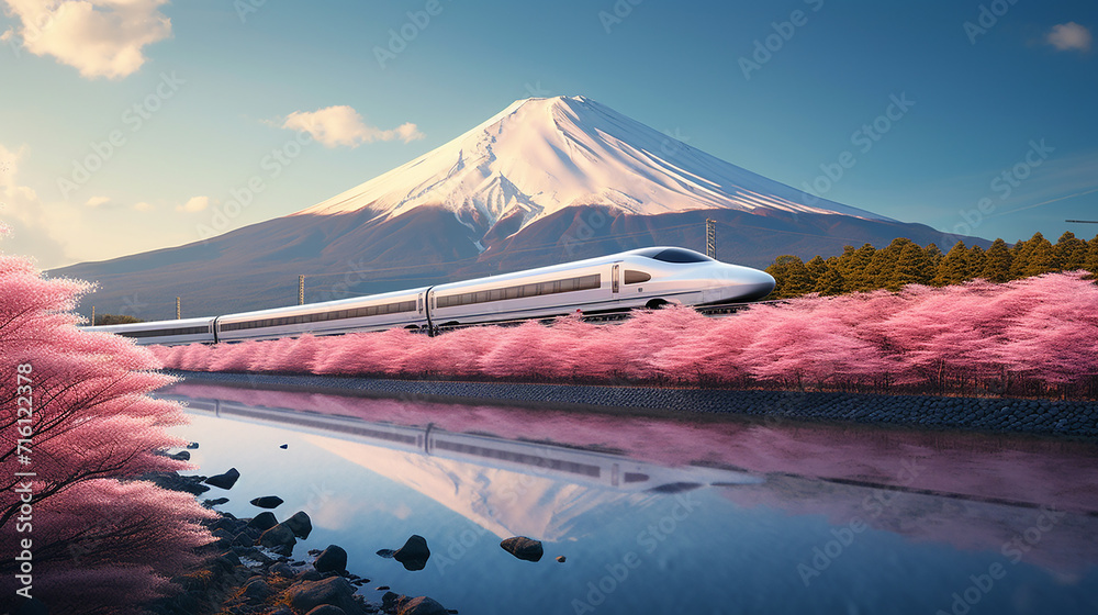 sleek bullet train speeds along with Japan iconic Mount Fuji in the background - obrazy, fototapety, plakaty 