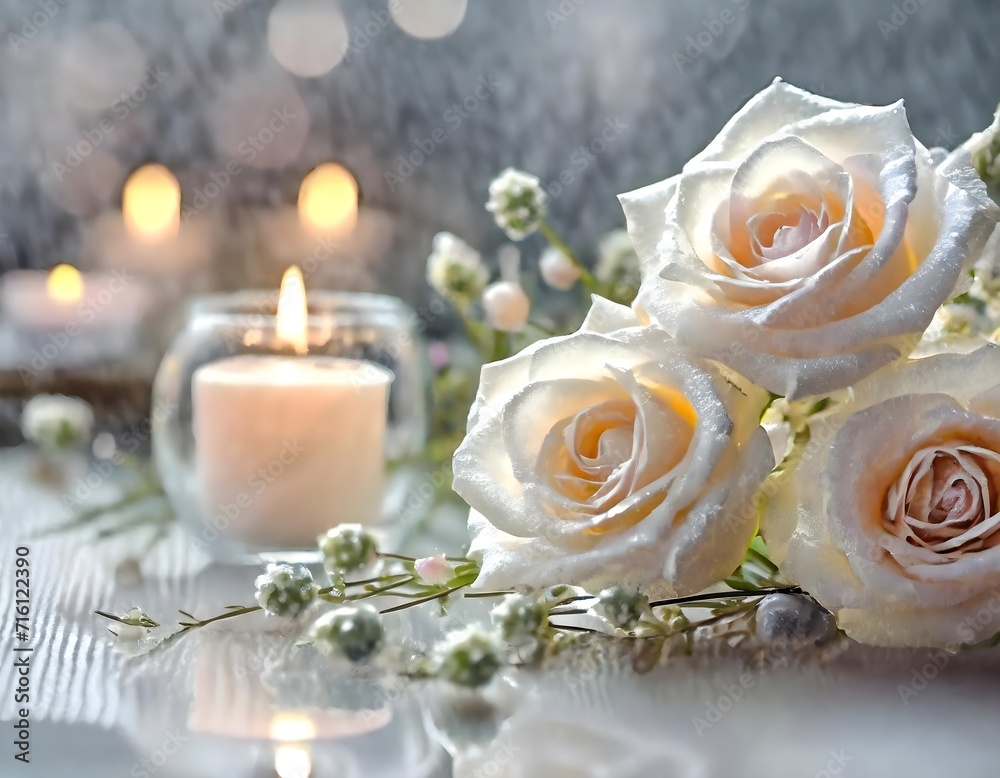 Elegant White Roses and Candlelight for a Relaxing Night a candle and some flowers on a table Elegant White Roses and Candlelight for a Relaxing Night a candle and some flowers on a table