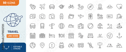 Travel Line Editable Icons set.Vector illustration in modern thin line style of tourism related icons: travel, types of tourism, tourist transport, locations, etc. Isolated on white photo
