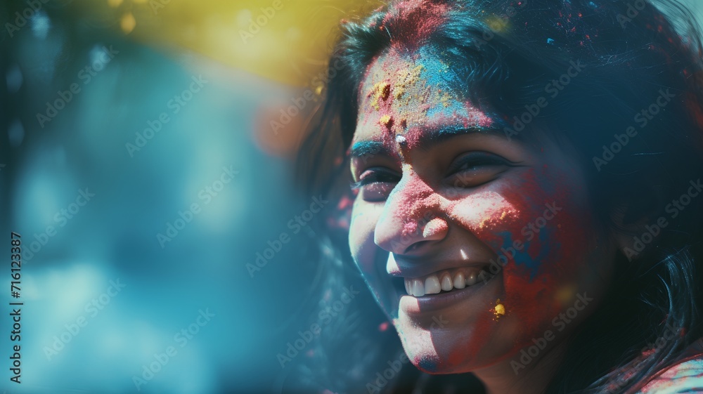 Portrait of a beautiful indian girl with face covered with colored powder
