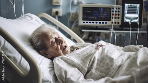 Elderly woman patient lying in hospital bed and looking at camera photo