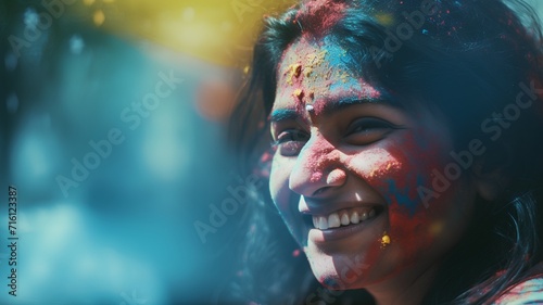 Portrait of a beautiful indian girl with face covered with colored powder