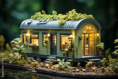 Eco-Friendly Tiny Home, on an isolated Leaf Green background, Generative AI
