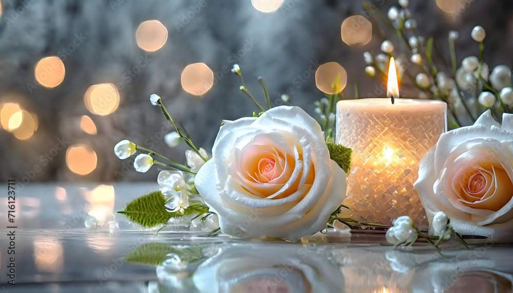 Elegant White Roses and Candlelight for a Relaxing Night a candle and some flowers on a table Elegant White Roses and Candlelight for a Relaxing Night a candle and some flowers on a table