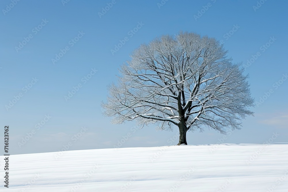One tree in a snow field in winter