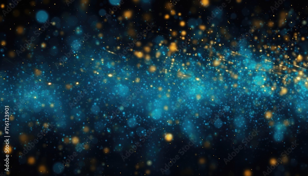 Neon Blue With Gold Particles Abstract Sparkles Bokeh Background.