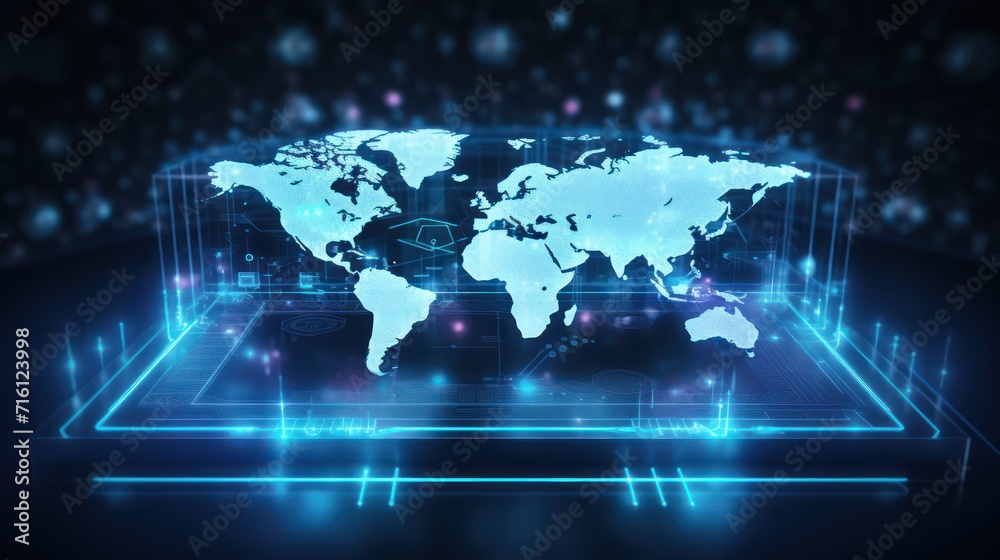 A holographic of digital world map display, minimal gradient light blue background, wide shot. A holographic of digital world map display, minimal gradient light blue background, wide shot.