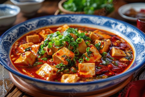 Spicy Ma Po Tofu on a wooden table