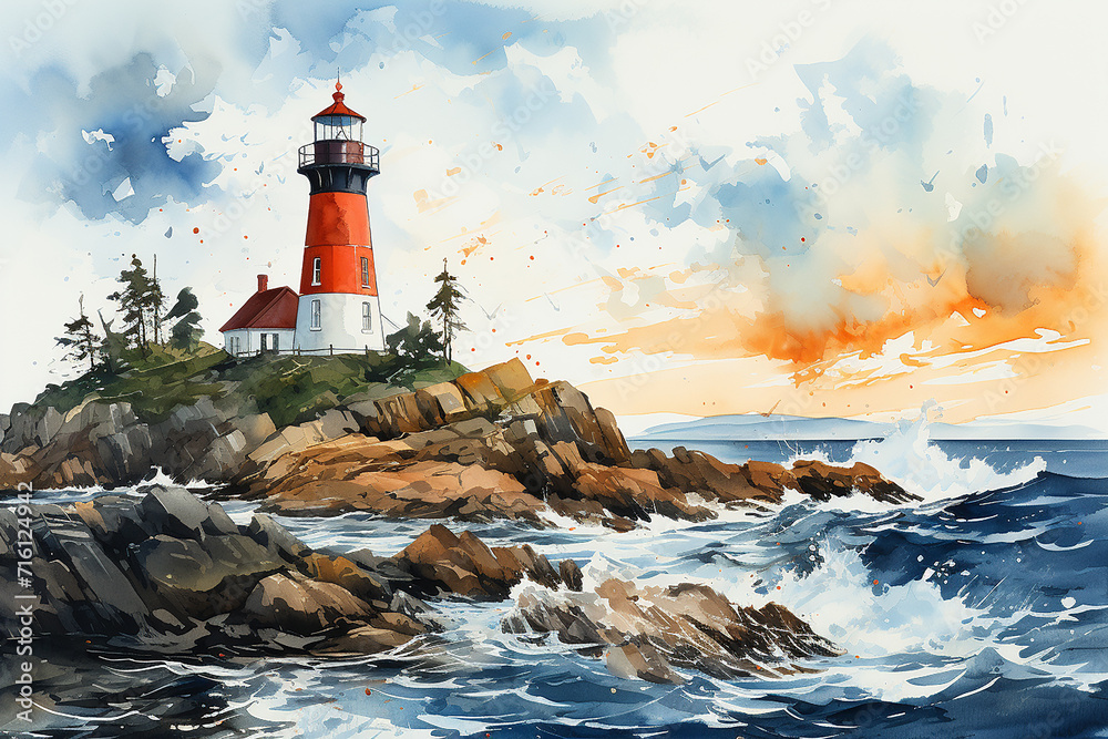 watercolor red and white lighthouse in the ocean with great waves and blue sky ,Original oil painting of lighthouse and storm in ocean on canvas.