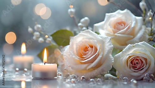 Elegant White Roses and Candlelight for a Relaxing Night a candle and some flowers on a table photo