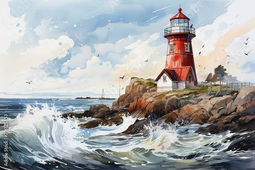 watercolor red and white lighthouse in the ocean with great waves and blue sky ,Original oil painting of lighthouse and storm in ocean on canvas. photo