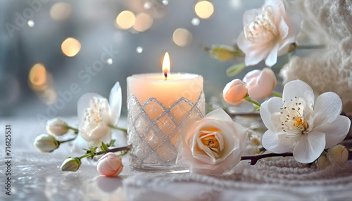 Elegant White Roses and Candlelight for a Relaxing Night a candle and some flowers on a table