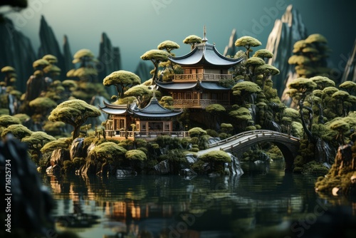 Japanese Tea House, on an isolated Zen Garden Green background, Generative AI