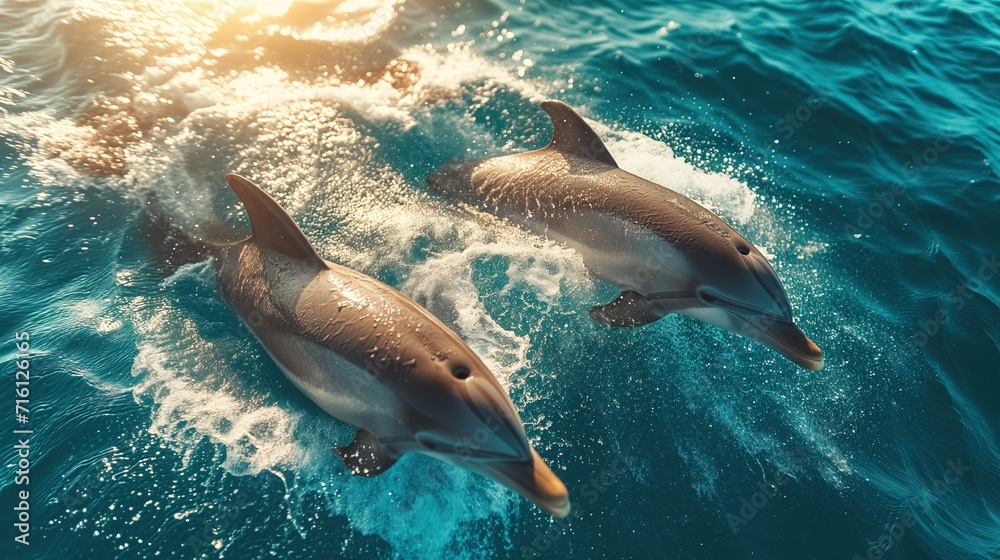 Fototapeta premium Group of dolphins swim on surface