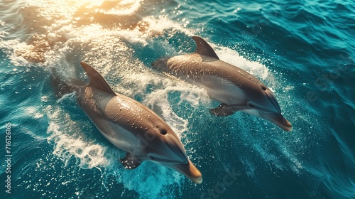 Group of dolphins swim on surface