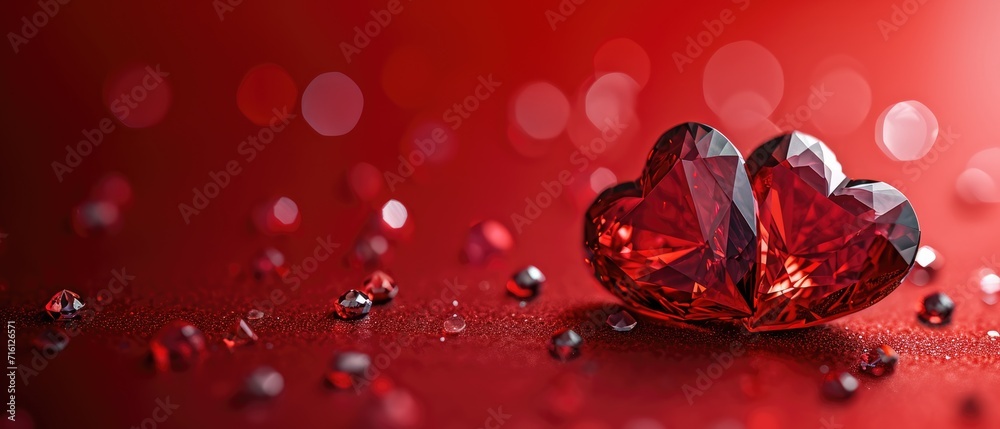 Red crystalline hearts on red background with sparkles. Red crystalline hearts on red background with sparkles.