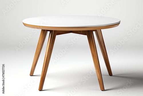 ound coffee table or end table isolated on white background with clipping path. Small round white table with 3 legs isolated on white background photo