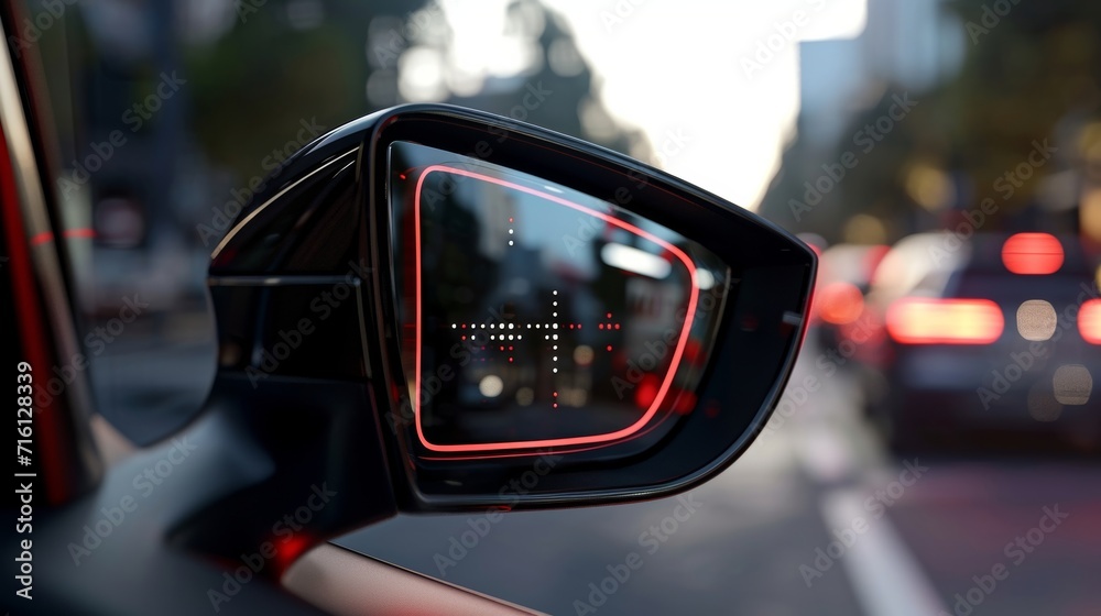 Fototapeta premium A closeup of a side mirror showcases an animated Cross Traffic Alert icon indicating that the car is equipped with a system that helps detect cars ping by while backing ou