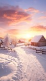 A Sunrise on a winter morning, rural northern village with snow, warm morning lights.