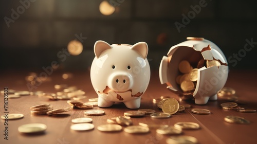 A ceramic piggy bank that's neatly cracked open, two separate piles of coins on either side, photo, realistic. photo