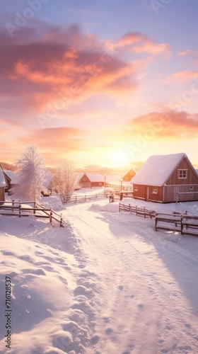 A Sunrise on a winter morning, rural northern village with snow, warm morning lights. © Phoophinyo