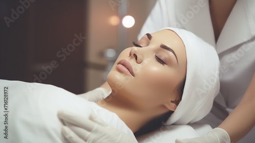 A Beauty expert massaging young woman's face Close up of beautiful Asian woman's head in white hat and doctor's hands in gloves lying on treatment bed. photo
