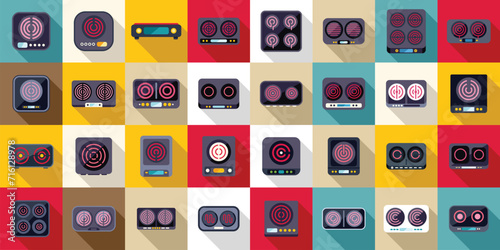 Induction cooker icons set flat vector. Cooking house. Oven stove
