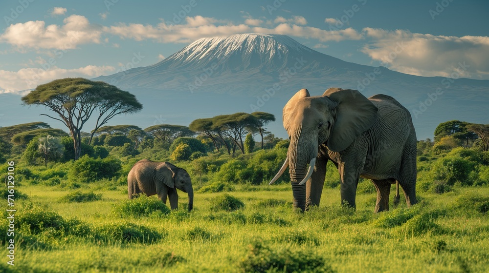 Elephant and calf in the savannah, background of mount kilimanjaro