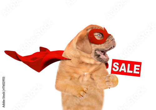 Funny Mastiff puppy with open mouth wearing superhero costume looking away on empty space and  showing signboard with labeled "sale". Isolated on white background