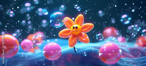 Whimsical Inflatable World: Cute Translucent Blow-Up Flower Stars and Bubbales in a Minimal Rubber Toy Setting pink star with cute eyes cute faced star pink bubbly star