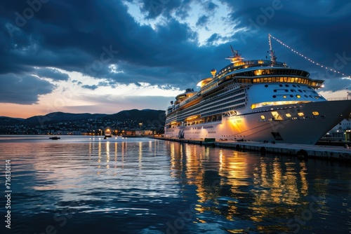 Cruise liner docked at city waterfront at night photo