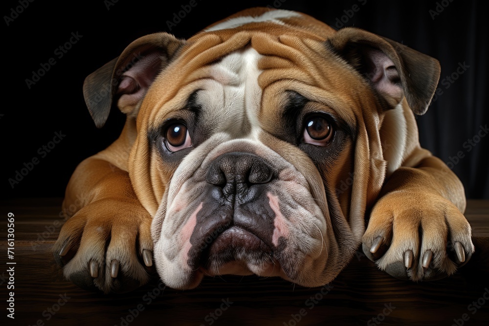 The muzzle of a beautiful purebred bulldog on a dark background.