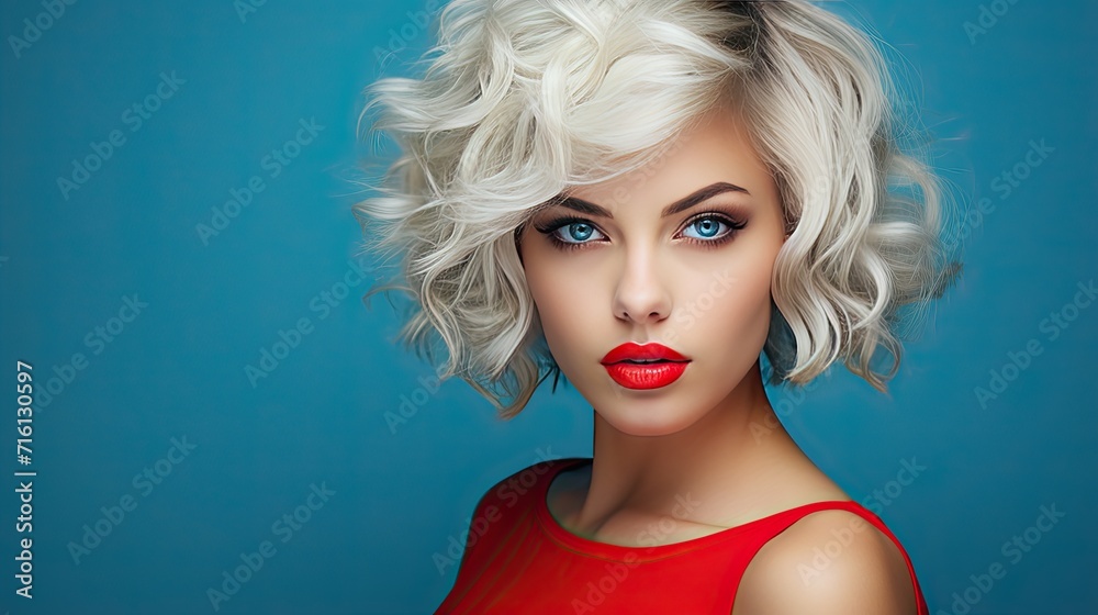 A girl with white hair in a red blouse on a blue background. A girl with white hair in a red blouse on a blue background.