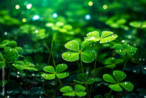 Green clover leaves with dew drops on a blurred background.
