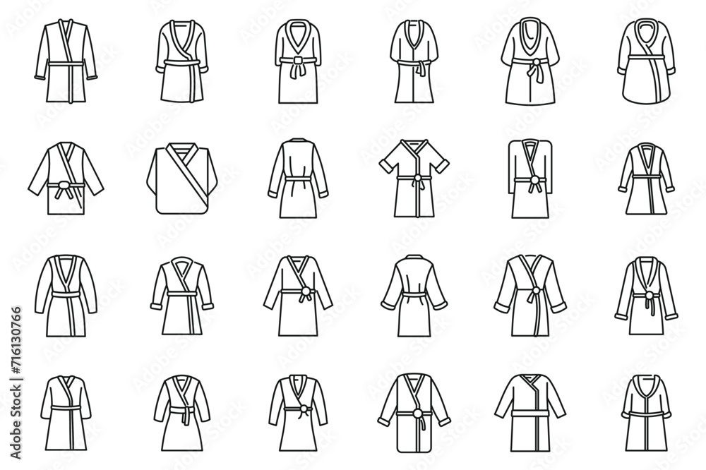 Dressing gown icons set outline vector. Bathrobe satin. Person spa bath Dressing gown icons set outline vector. Bathrobe satin. Person spa bath