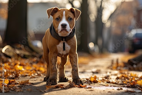 A beautiful Staffordshire terrier walks around the city.