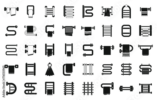 Towel dryer icons set simple vector. House spa interior. Water metal pipe