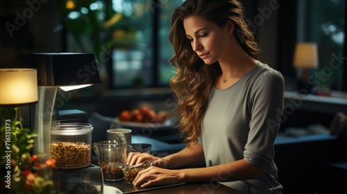 a woman sitting at a table, night lighting, in a kitchen, beautiful lighting