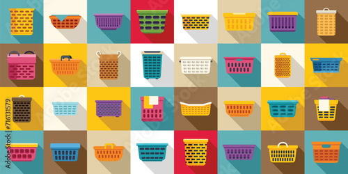 Laundry basket icons set flat vector. Clothes dirty. Pile fold wicker photo