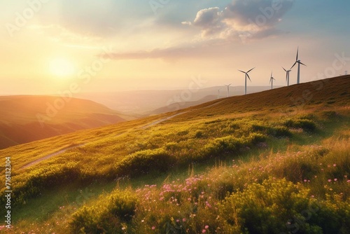 A picturesque landscape with wind turbines scattered across a stunning meadow. Generative AI © Thessaly