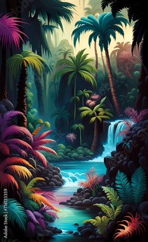 Jungle landscape with river and palms. Interior print mural, Generative AI 