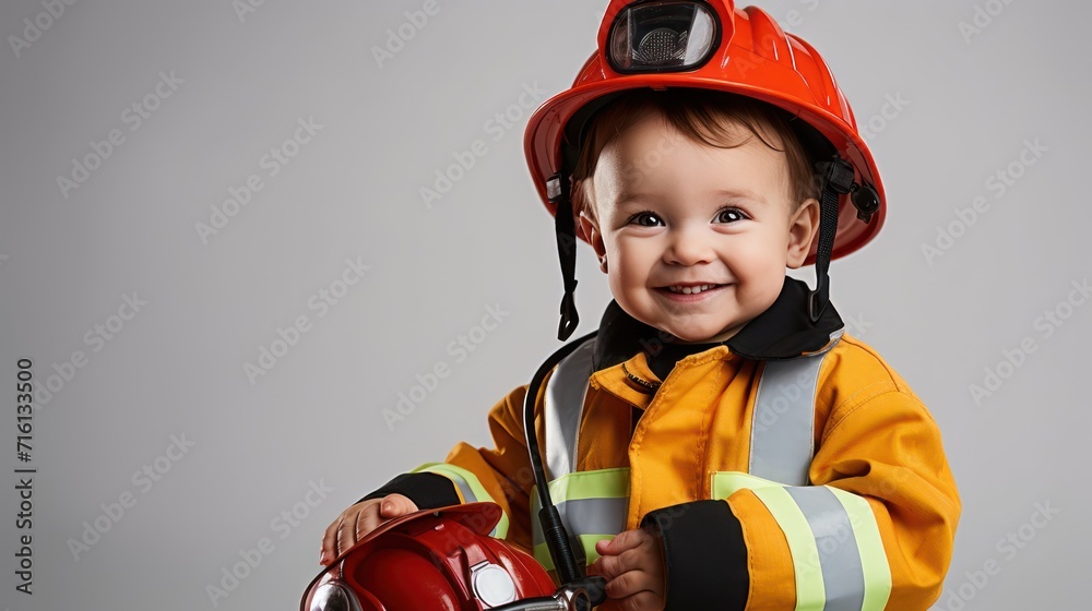 A Happy boy wearing firefighter uniform, little firefighter and fire extinguishing equipment, firefighter career adventure concept. on empty space on a white isolated transparent background.